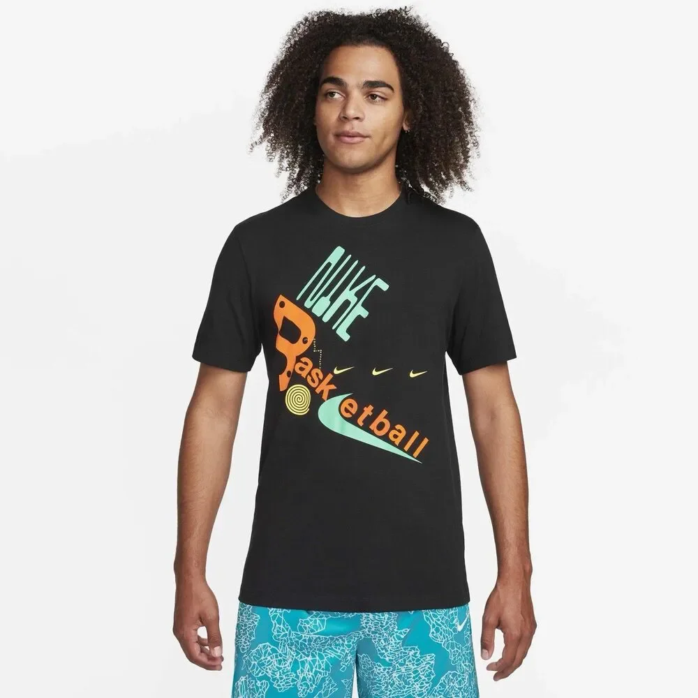 Nike Shirt Men L Black Basketball Colorful Swoosh Graphic Tee Retro Athletic Gym